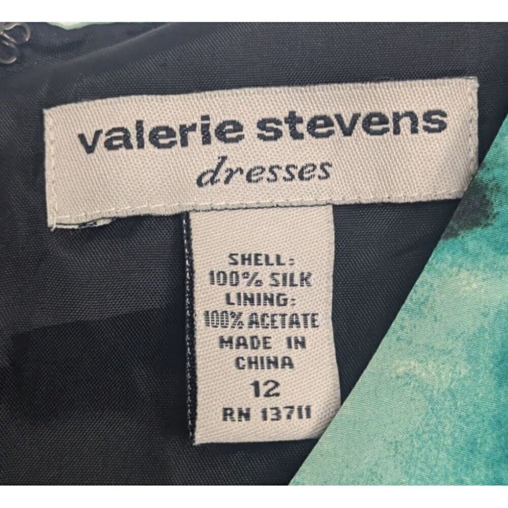 Valerie Stevens 100% Silk Green Blue Floral Cross V-Neck Dress Women's Size 12 - Picture 4 of 6